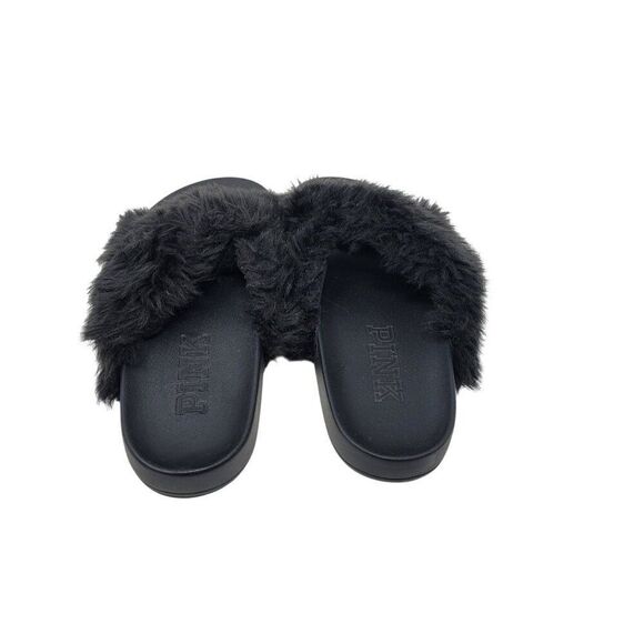 Victoria's Secret Pink Womens Faux Fur Slide Slippers Black S Fuzzy Open Toe - Picture 4 of 11